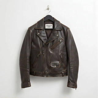 front view mens vintage brown cowhide leather biker motorcycle jacket by Leather Unit.
