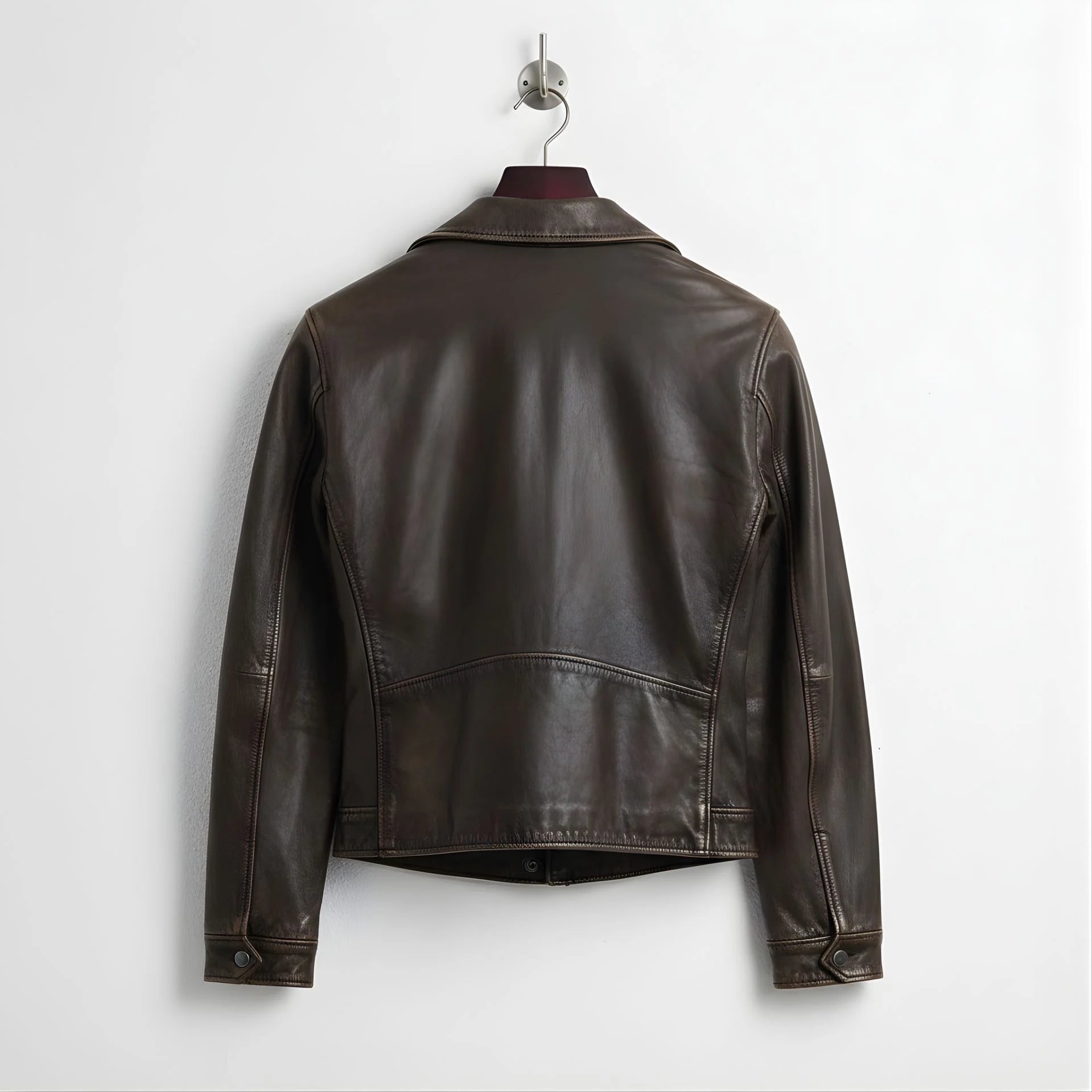 back view mens brown cowhide leather motorcycle jacket clean panel.