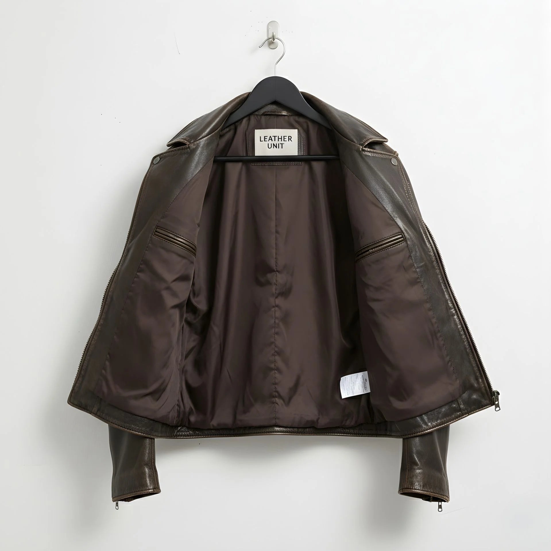 interior view brown cowhide biker jacket showing lining and inner zip pockets.