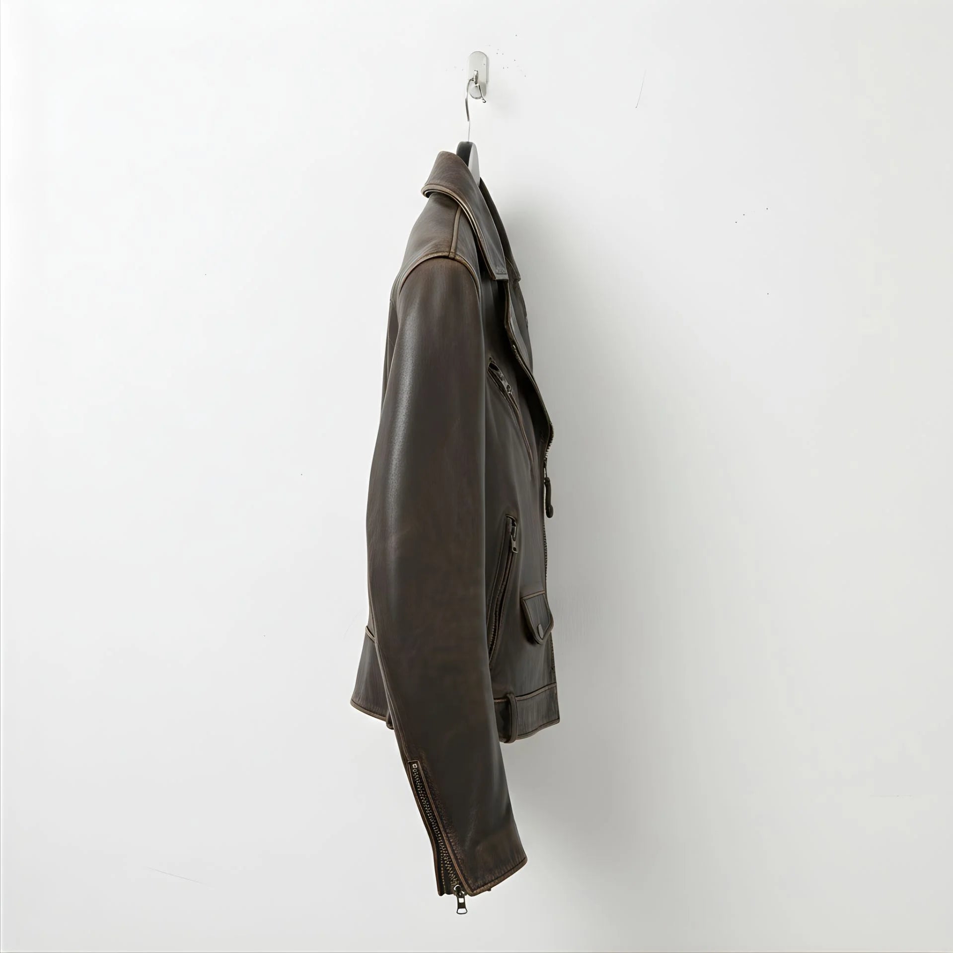 side profile mens brown leather biker jacket with asymmetrical zip.