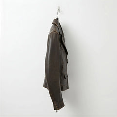 side profile mens brown leather biker jacket with asymmetrical zip.