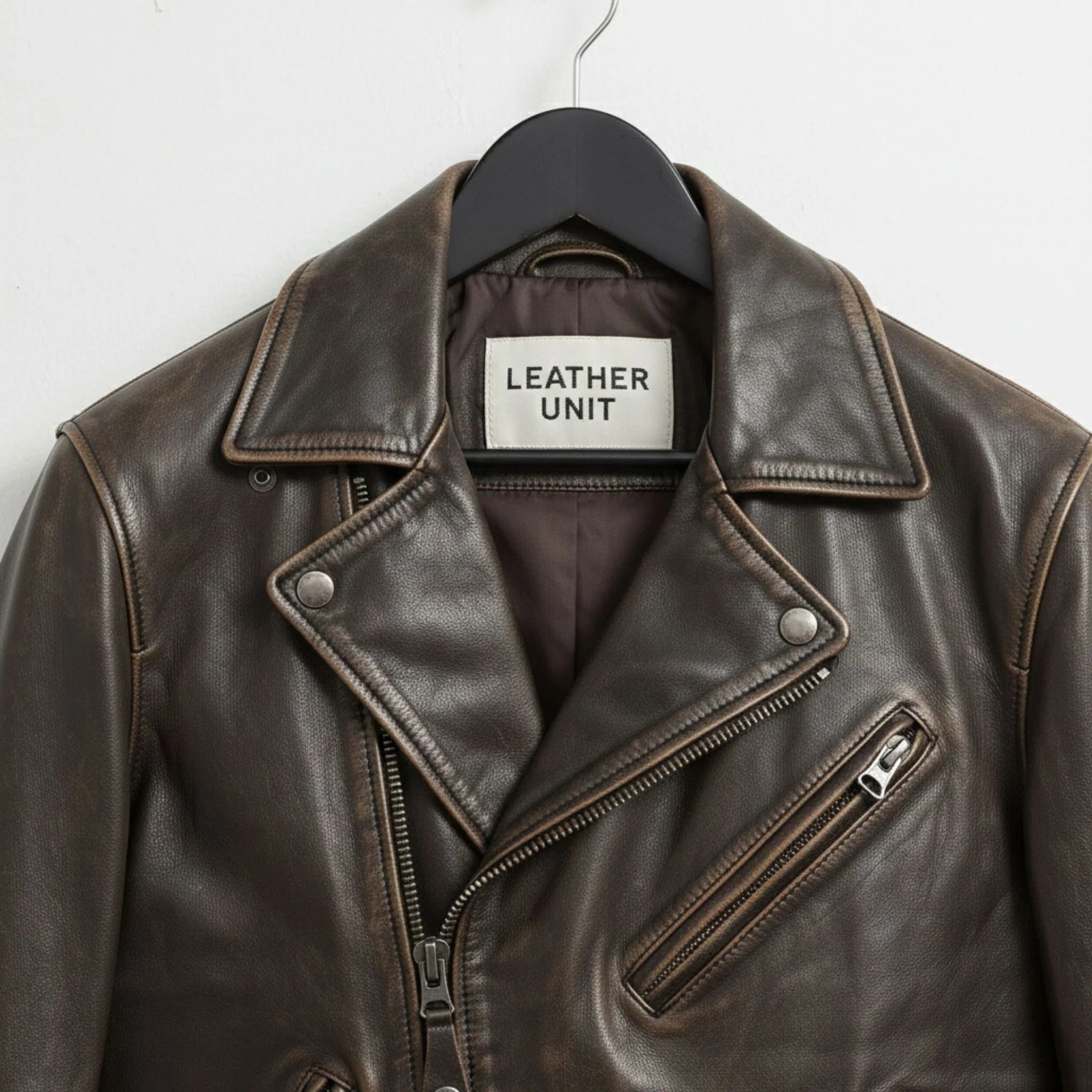 close up notch lapels and asymmetric zipper on brown cowhide leather jacket.