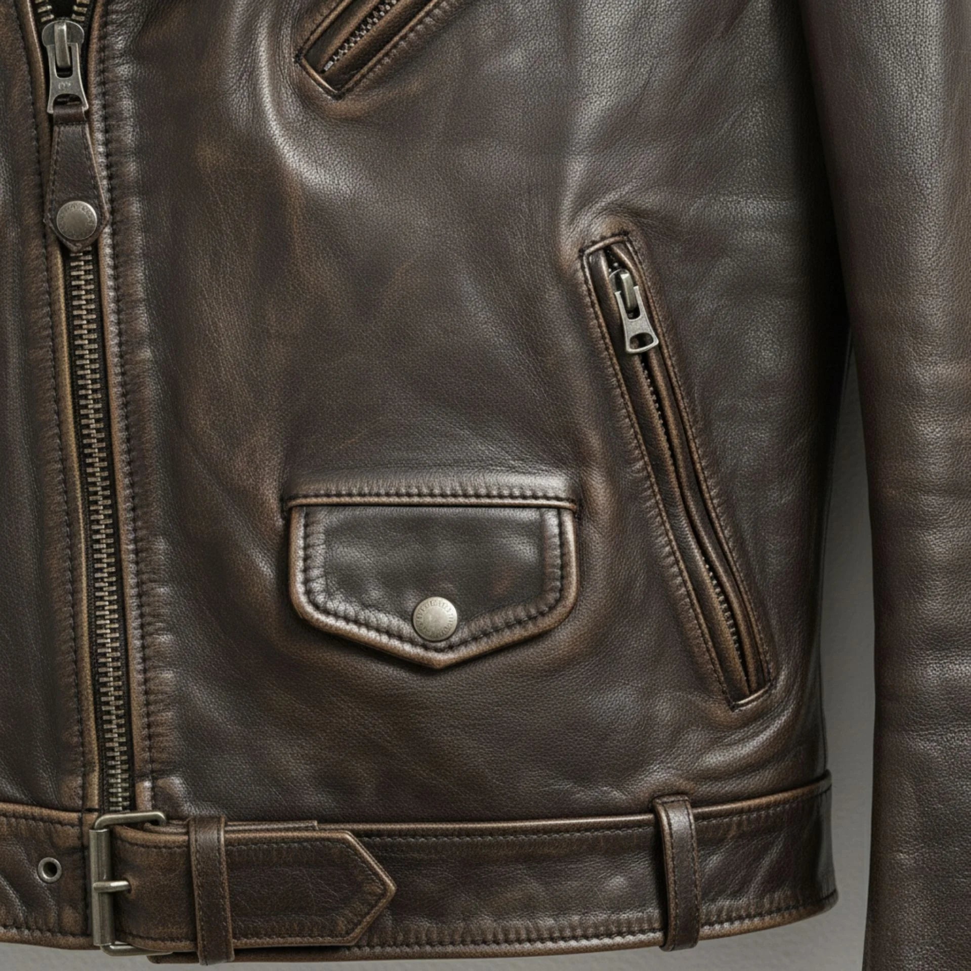 close up belt and pockets on vintage brown cowhide motorcycle jacket.