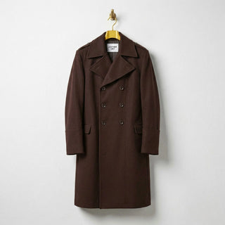 Front view of men's brown double breasted wool overcoat by Leather Unit.