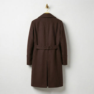 Back view of men's brown wool overcoat with half belt detail.