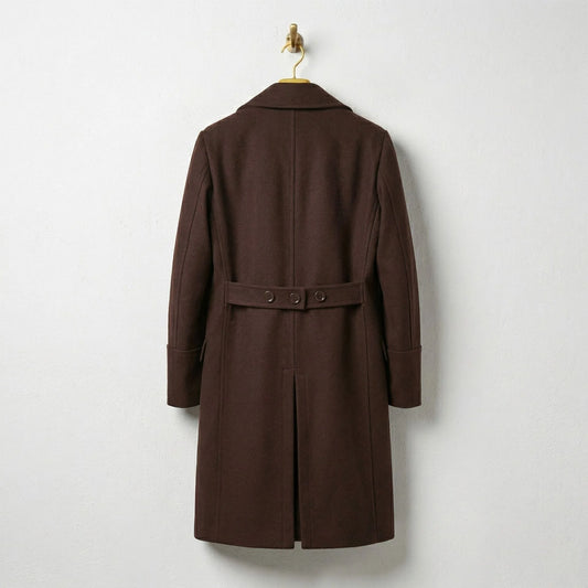 Back view of men's brown wool overcoat with half belt detail.
