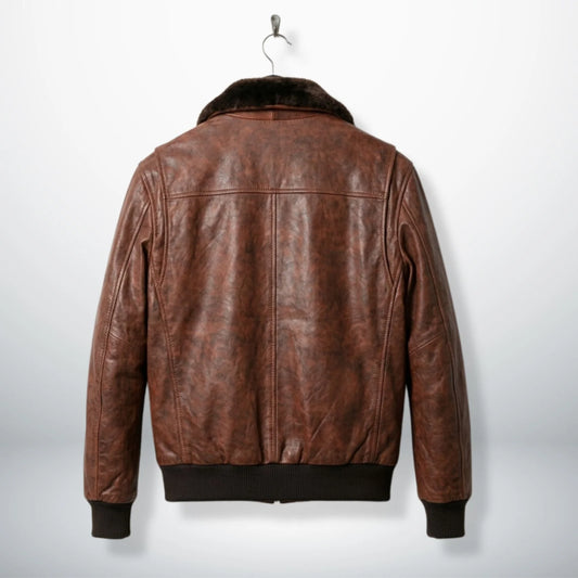 back view mens brown leather g1 bomber jacket with ribbed hem.