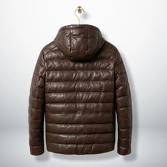 Brown Hooded Leather Puffer Jacket back view showing quilted design - Leather Unit