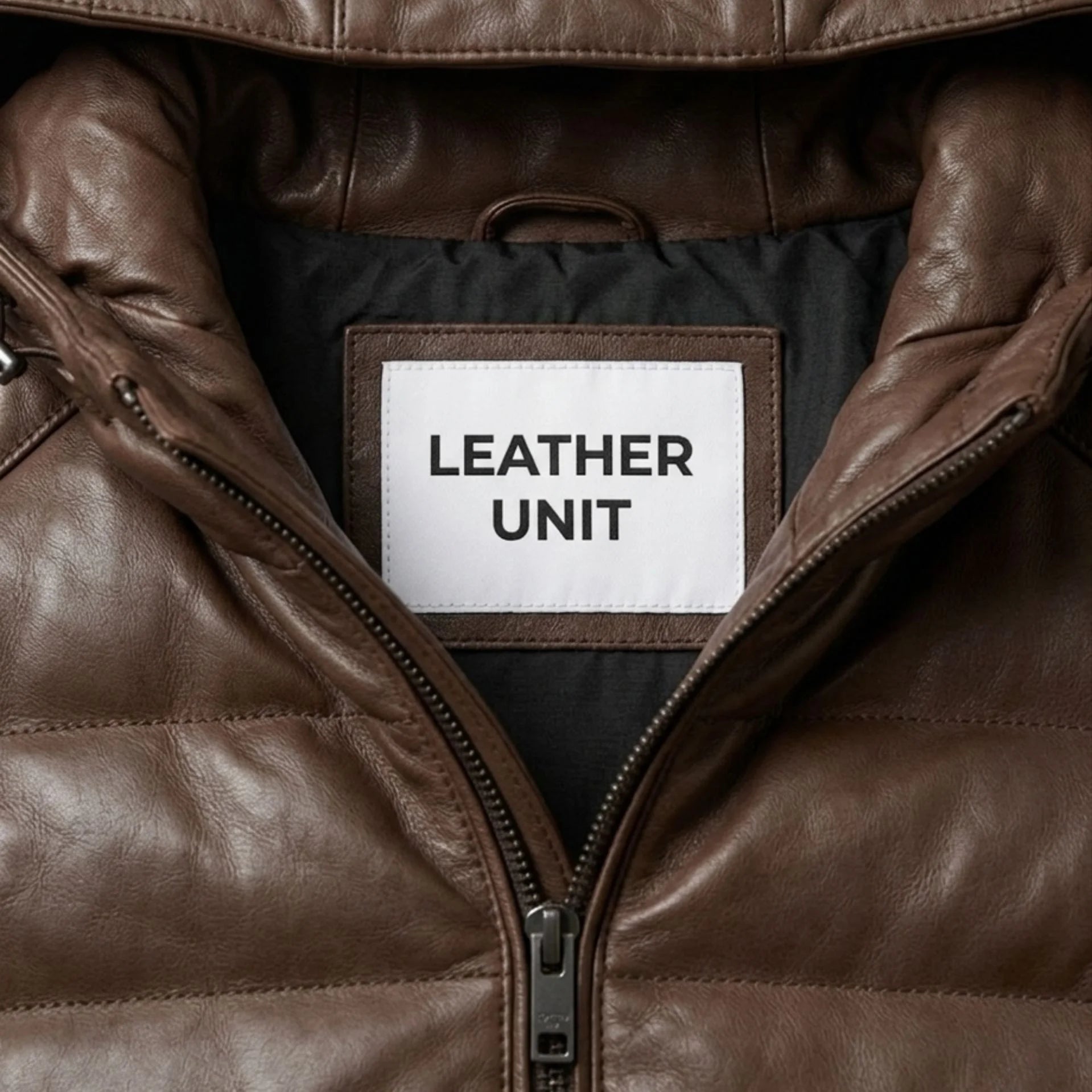 Close-up of hood and Leather Unit branding on brown leather puffer jacket
