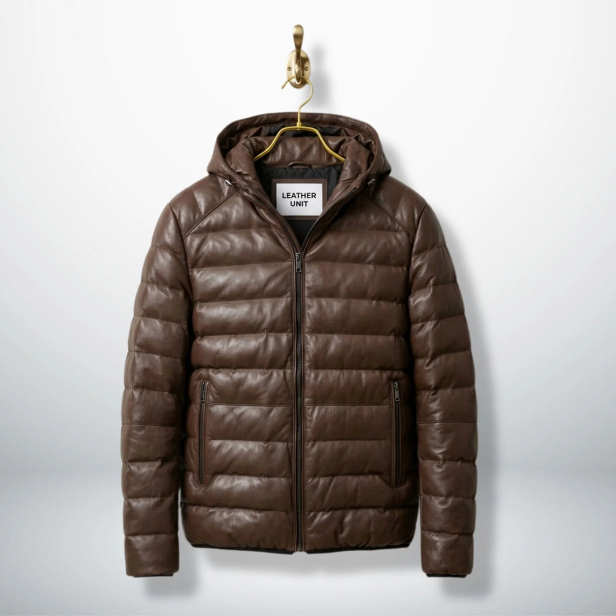 Men's Brown Hooded Leather Puffer Jacket front view - Genuine Sheepskin by Leather Unit