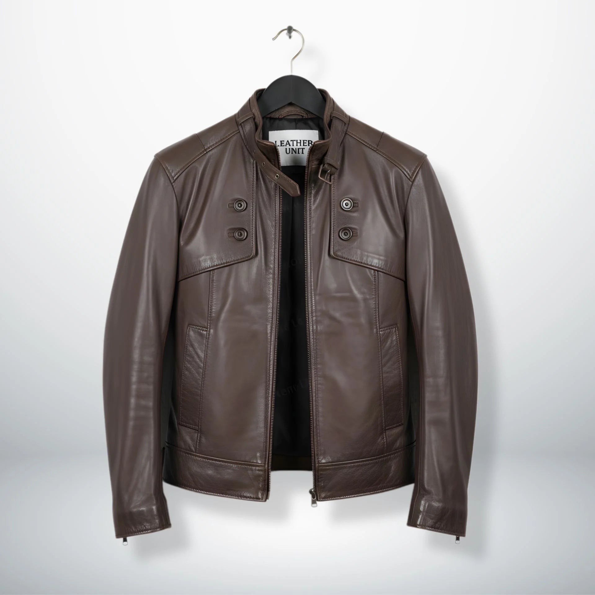 front view of men's chocolate brown leather biker jacket with stand collar.