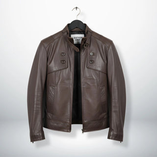 front view of men's chocolate brown leather biker jacket with stand collar.