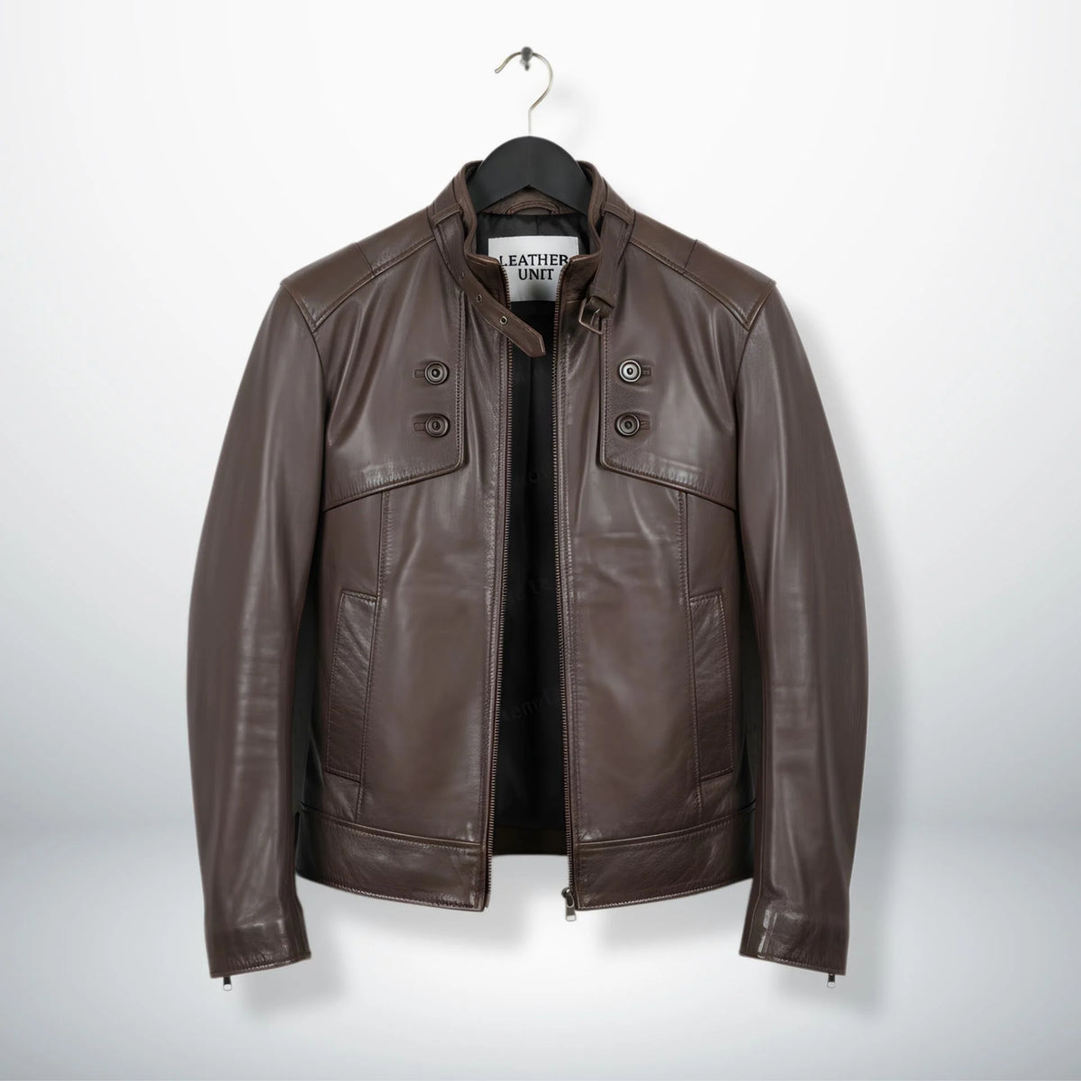 front view of men's chocolate brown leather biker jacket with stand collar.