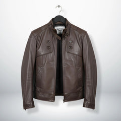 front view of men's chocolate brown leather biker jacket with stand collar.