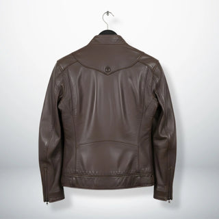 back view of men's brown leather jacket with panelled seams and yoke.
