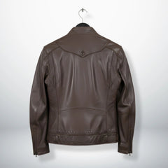 back view of men's brown leather jacket with panelled seams and yoke.