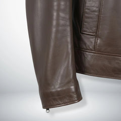 sleeve and cuff detail with zipper on men's brown leather biker jacket.