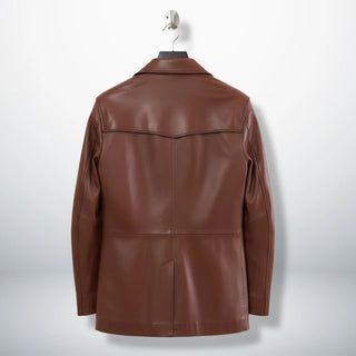 Back view of men’s brown leather blazer-style coat with yoke