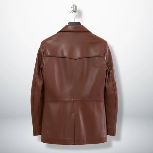 Back view of men’s brown leather blazer-style coat with yoke