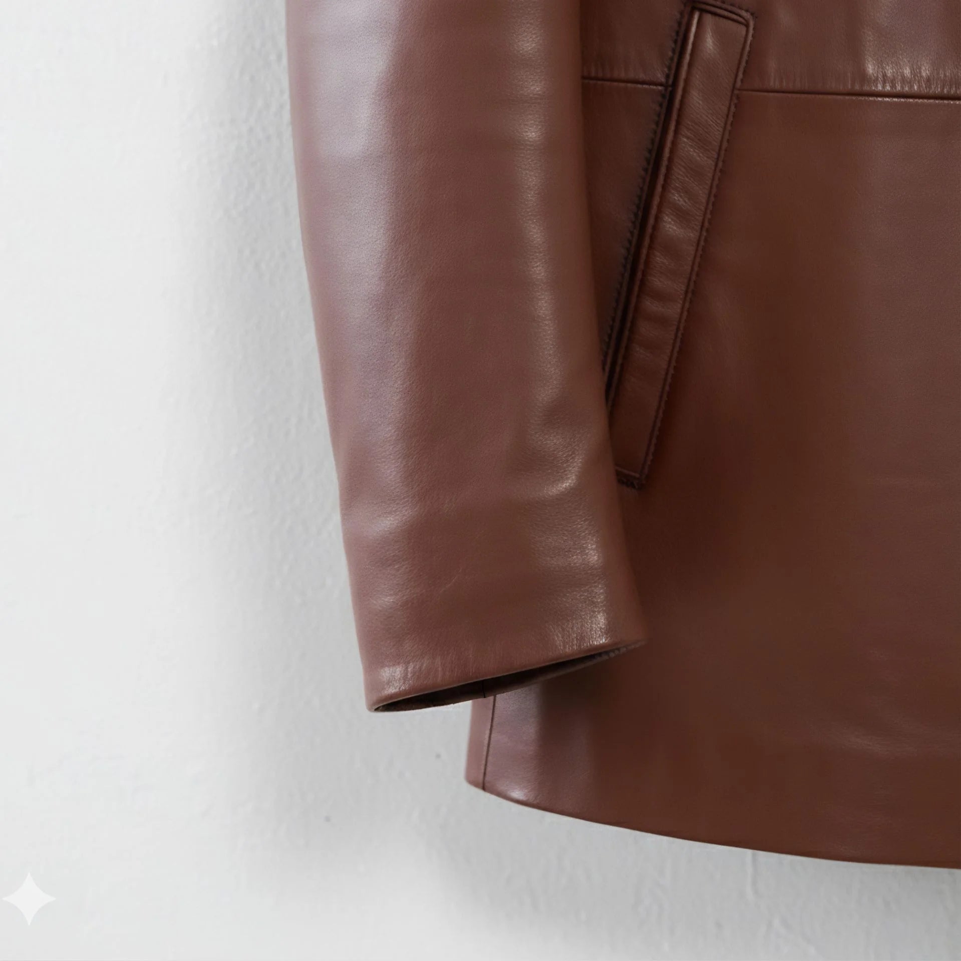 Sleeve and hem detail on men’s brown leather blazer coat