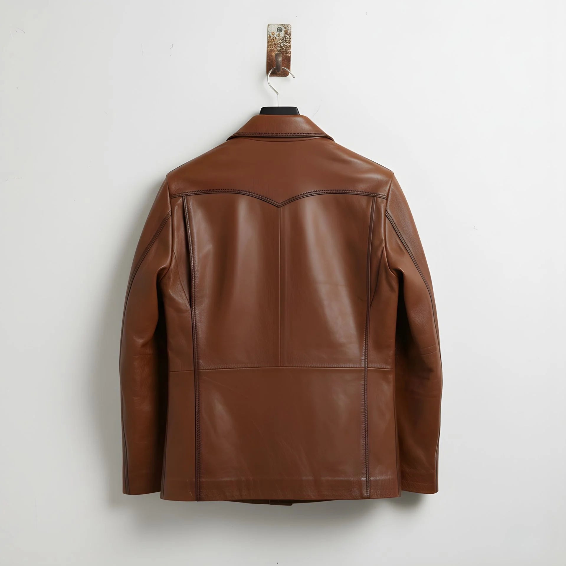 back view of men's cognac brown leather jacket with yoke detail.