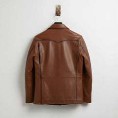 back view of men's cognac brown leather jacket with yoke detail.