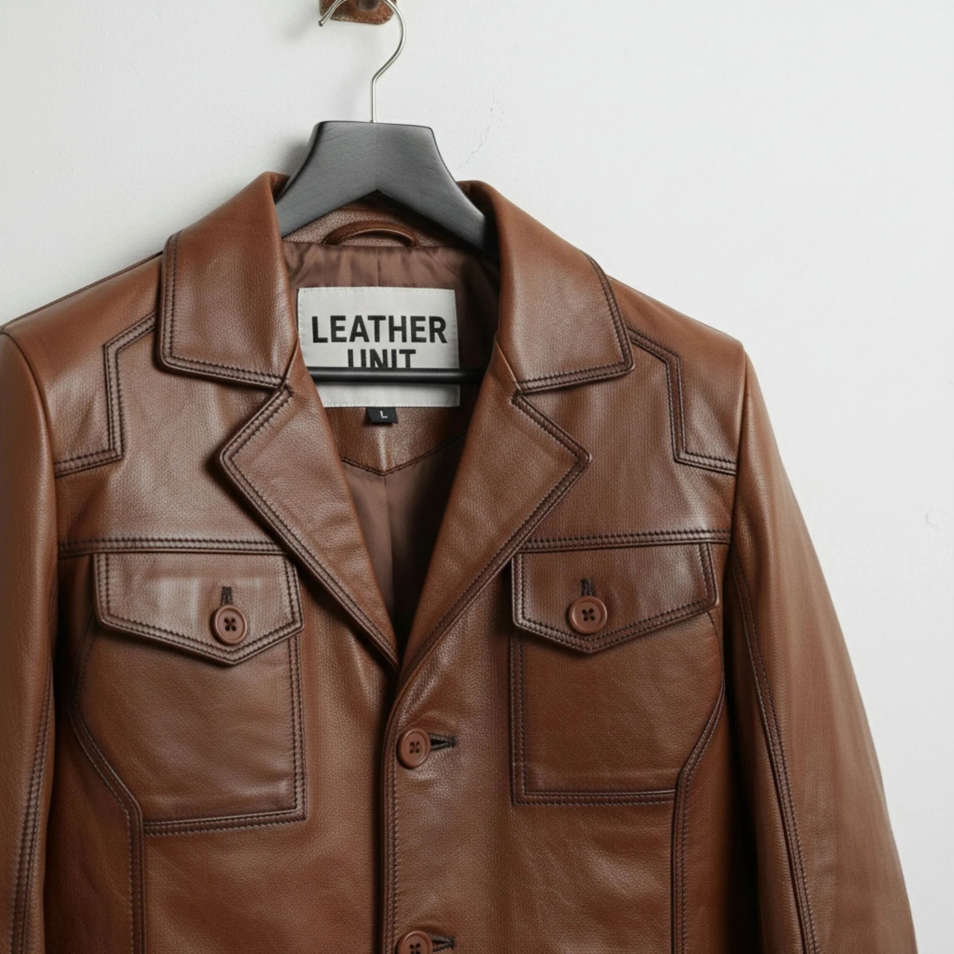 close up of collar and chest pockets on men's brown leather blazer jacket by Leather Unit.
