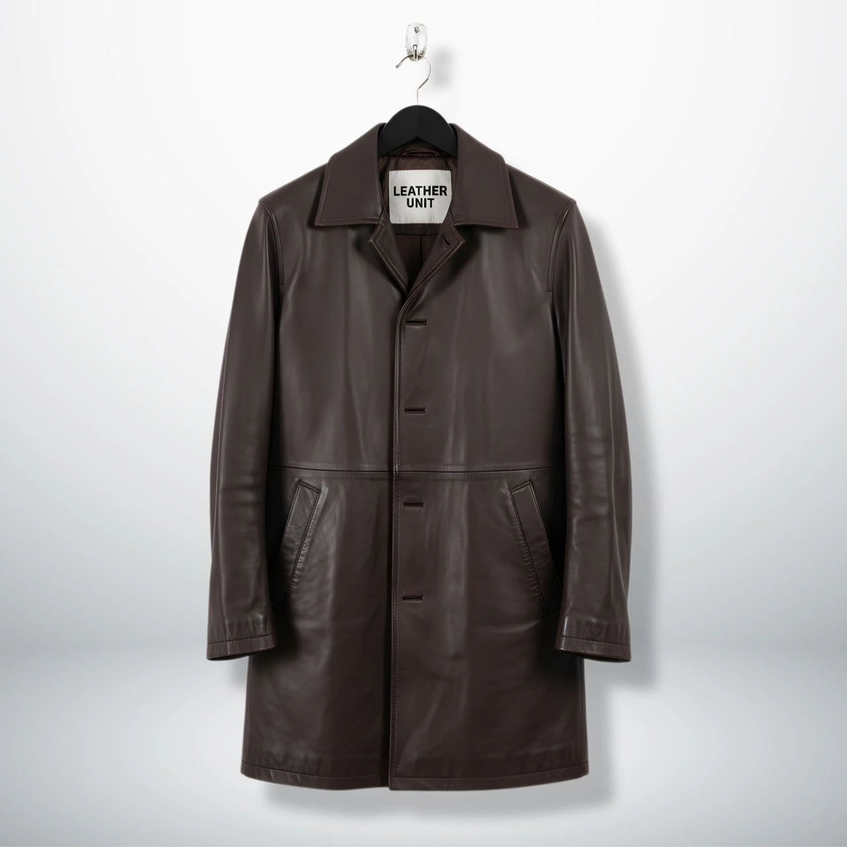 Front view of men's dark brown leather car coat by Leather Unit.