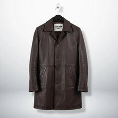 Front view of men's dark brown leather car coat by Leather Unit.