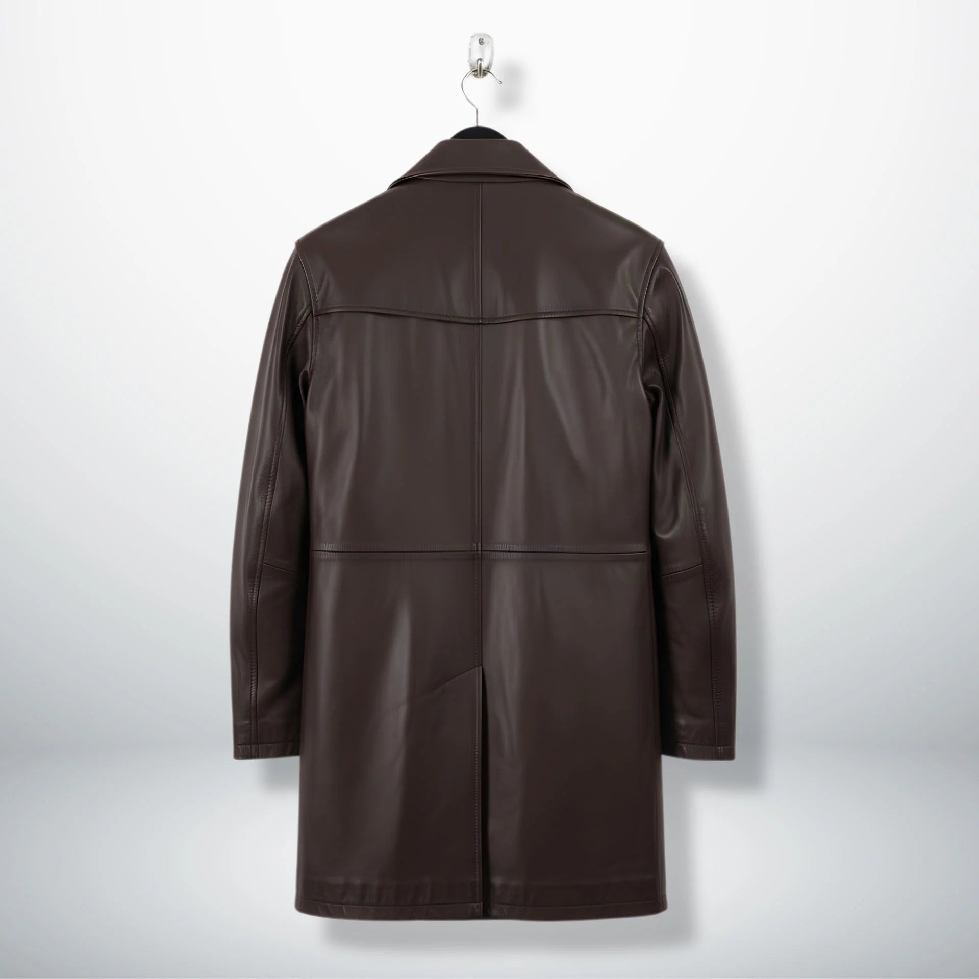 Back view of men's brown leather car coat with clean panel design.