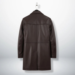 Back view of men's brown leather car coat with clean panel design.