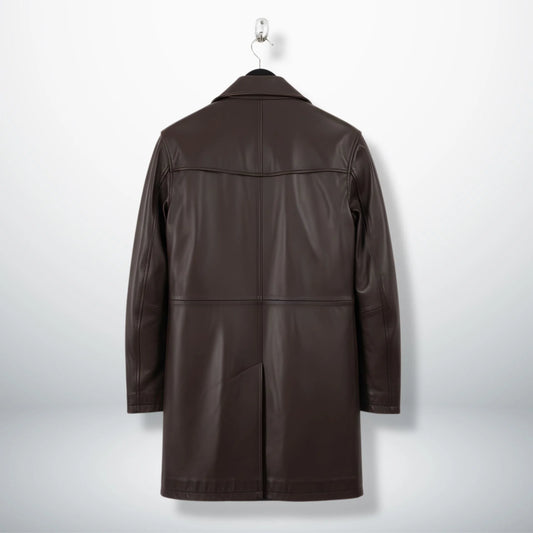 Back view of men's brown leather car coat with clean panel design.