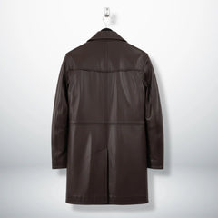 Back view of men's brown leather car coat with clean panel design.
