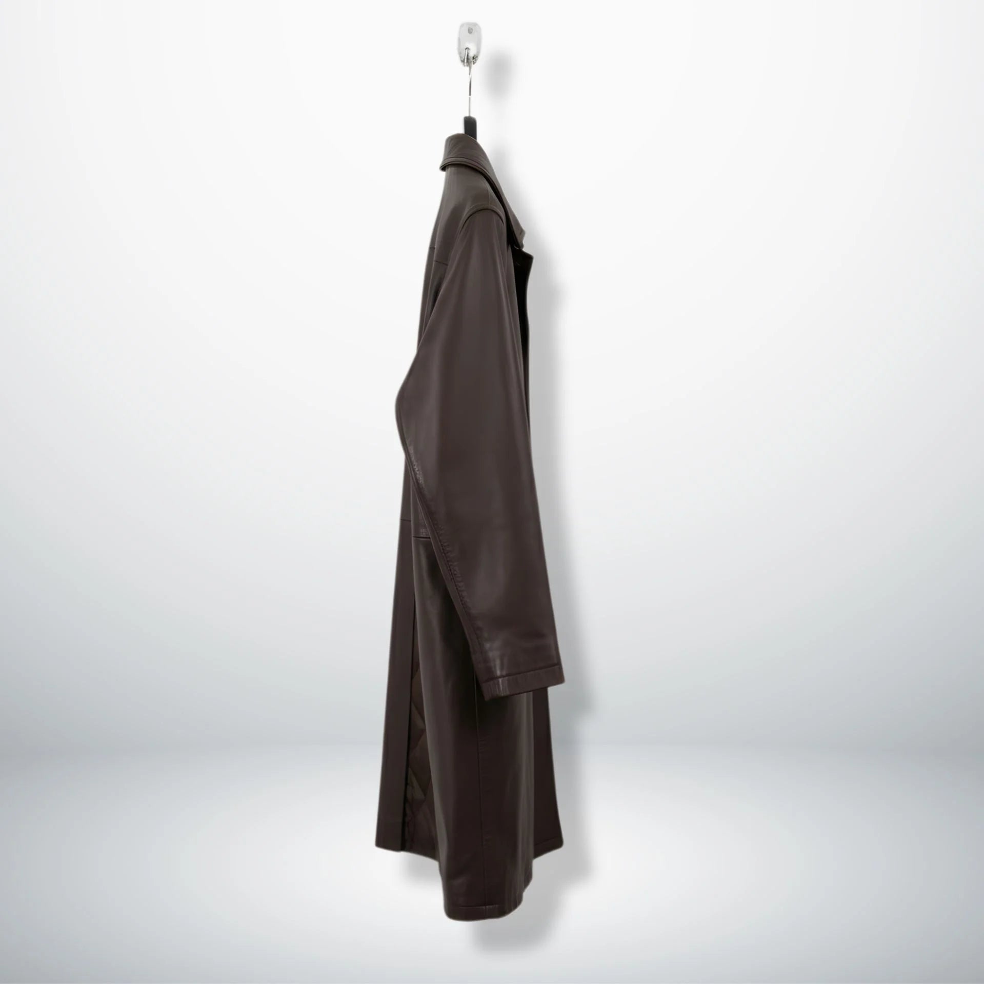 Side profile of men's long brown leather coat with regular fit.