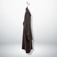 Side profile of men's long brown leather coat with regular fit.