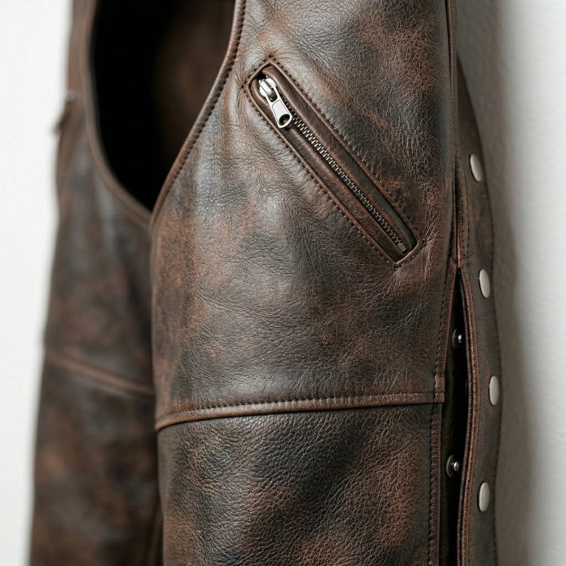 Close-up of zippered hip pocket and side seam on men's brown leather riding chaps