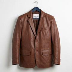 Front view of men’s brown leather outer shell blazer by Leather Unit