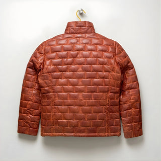 Back view of men's classic brown quilted leather light down jacket.