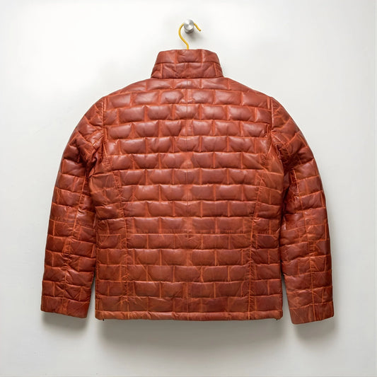 Back view of men's classic brown quilted leather light down jacket.