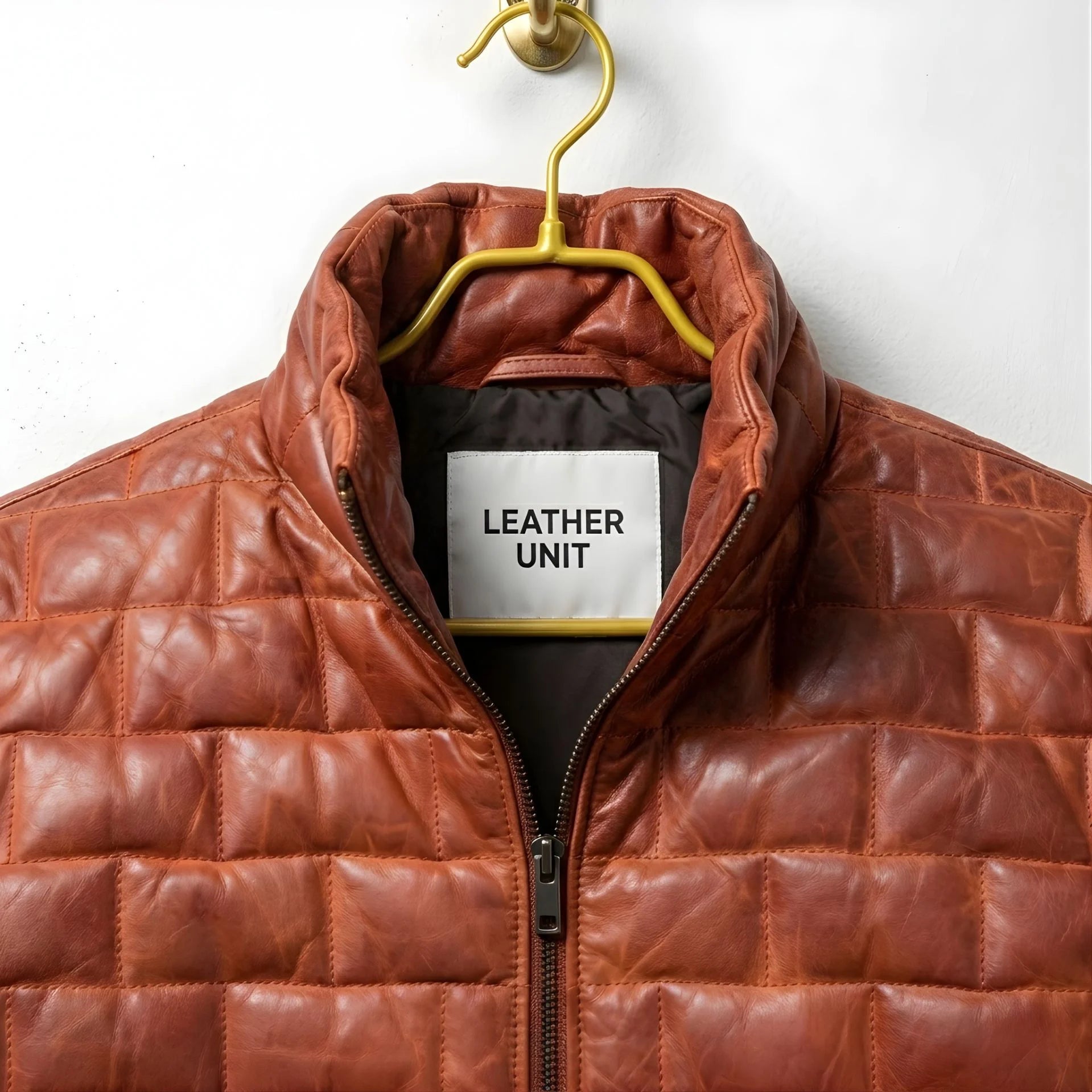 Close-up of collar and upper chest on men's brown leather puffer jacket.