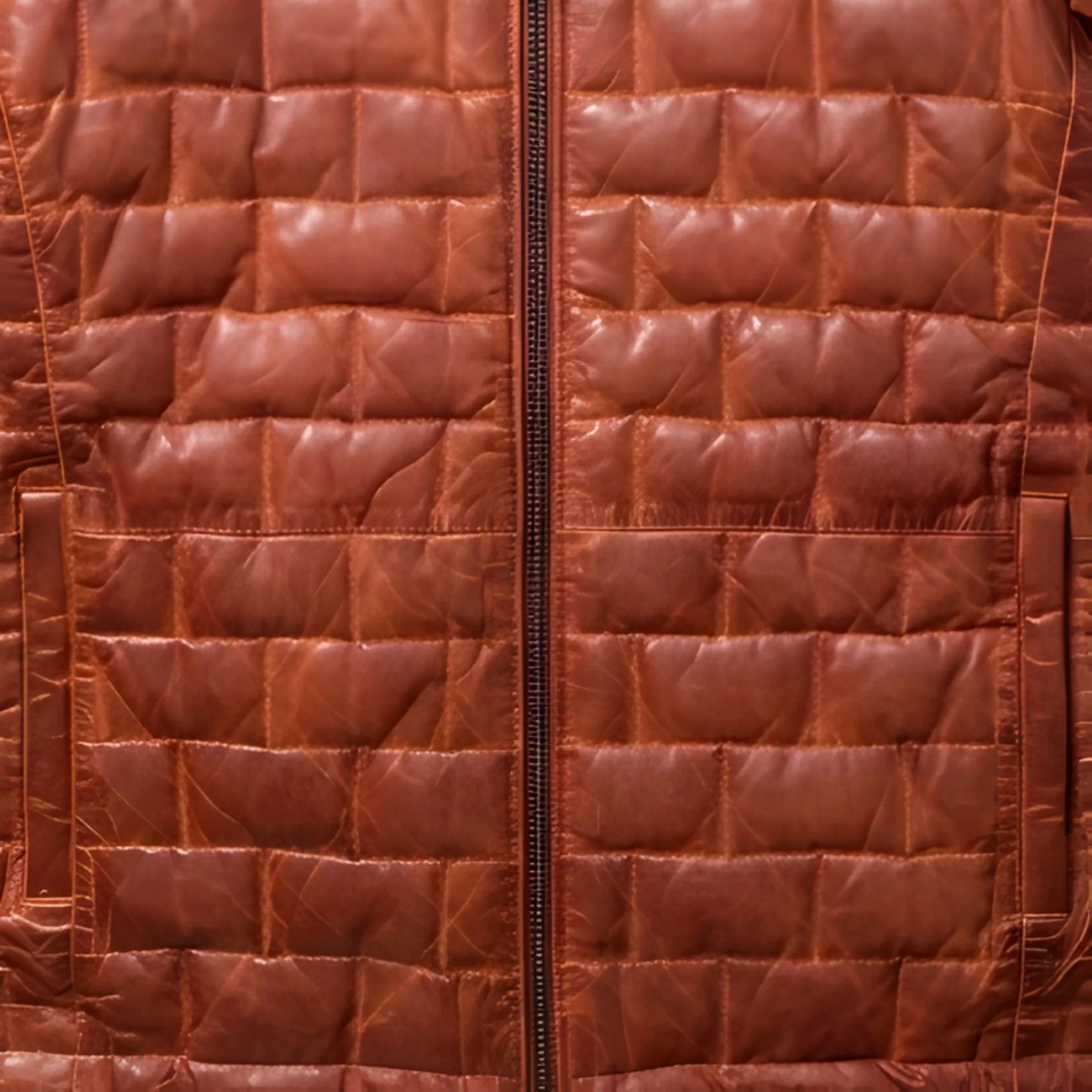 Close-up of front zipper and square quilted pattern on men's brown leather puffer coat.