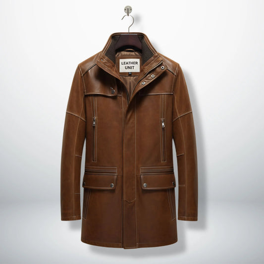 Front view of men’s brown stand collar leather winter coat by Leather Unit