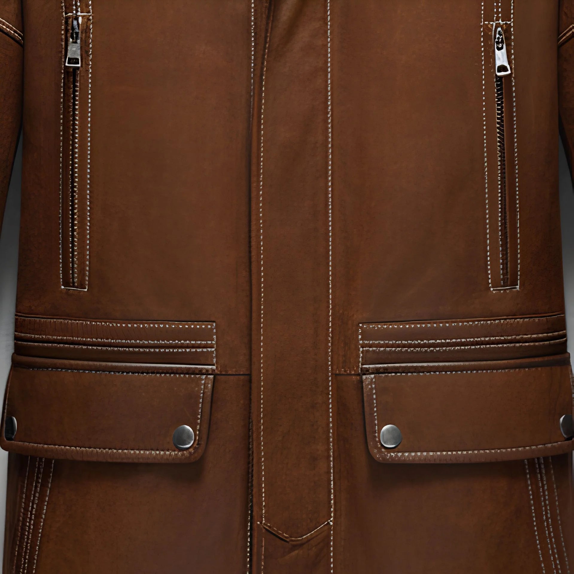 Front zip pockets and flap pockets on men’s brown leather stand collar coat