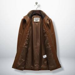 Inside lining of men’s brown leather winter coat showing interior pockets