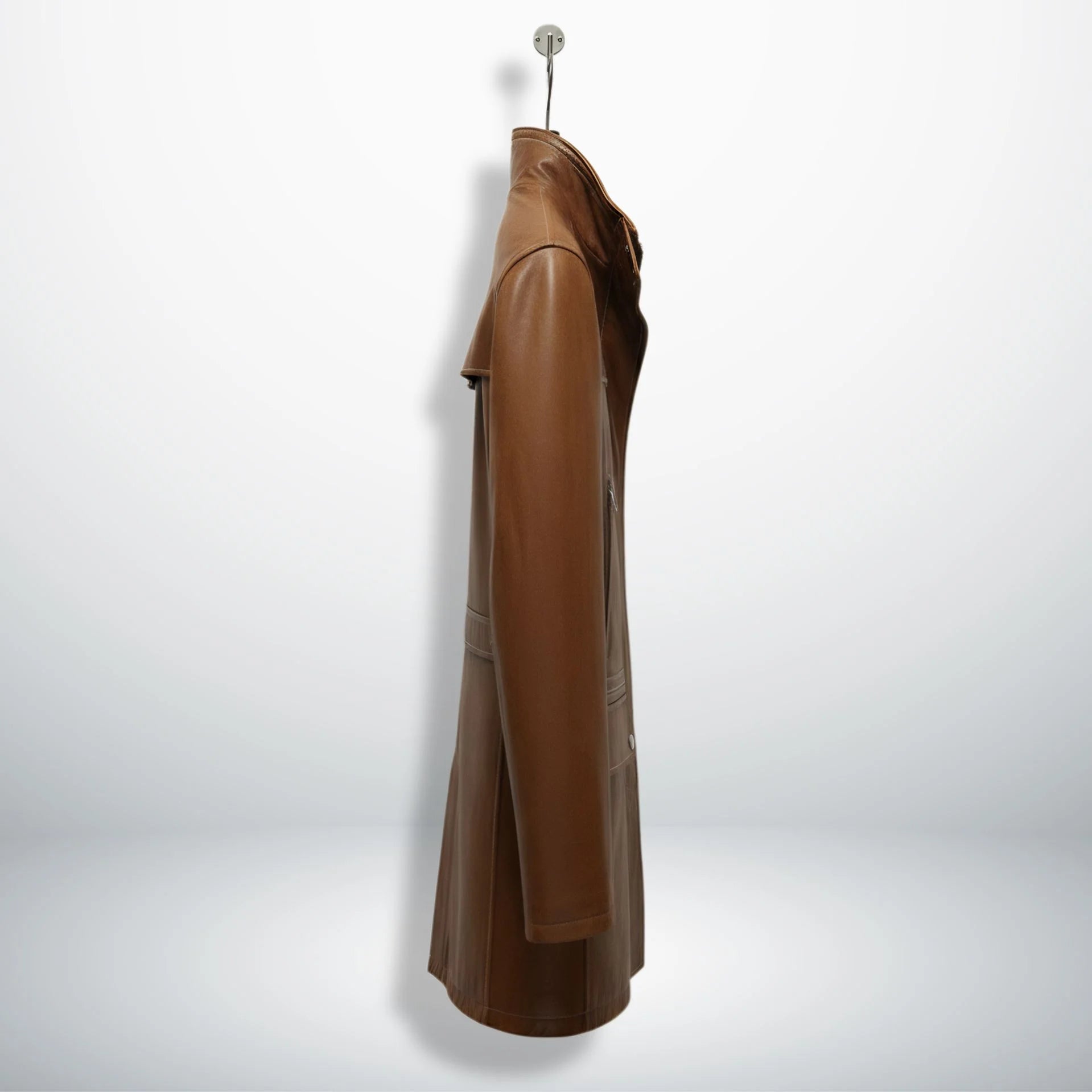Side profile of men’s vintage inspired brown leather coat