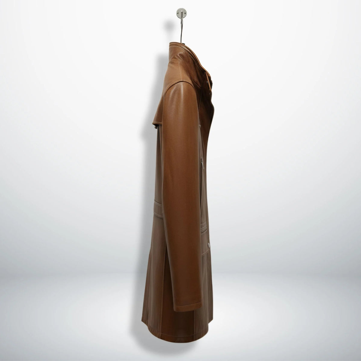 Side profile of men’s vintage inspired brown leather coat
