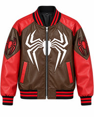 Front view of brown and red spider leather bomber with full zip, large white graphic, angled pockets and striped ribbed collar