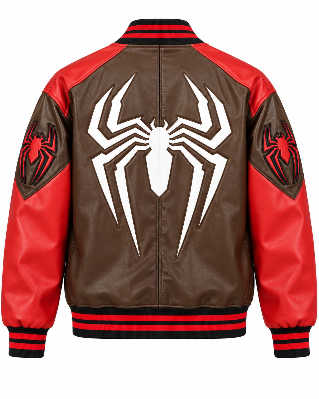 Back view of brown red leather bomber featuring oversized white spider artwork, red sleeve spider patches and ribbed waistband