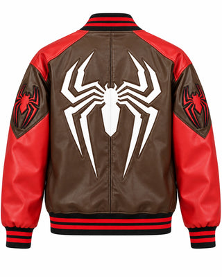 Back view of brown red leather bomber featuring oversized white spider artwork, red sleeve spider patches and ribbed waistband