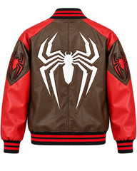 Back view of brown red leather bomber featuring oversized white spider artwork, red sleeve spider patches and ribbed waistband
